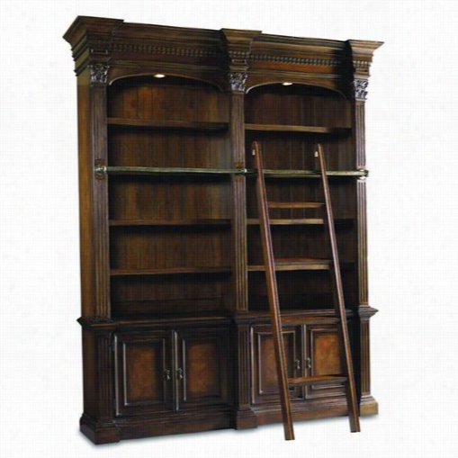 Hookerf Urniture 374-10-225 European Renaissance Ii Double Bookacse In Dark Wood With Ladder And Rail