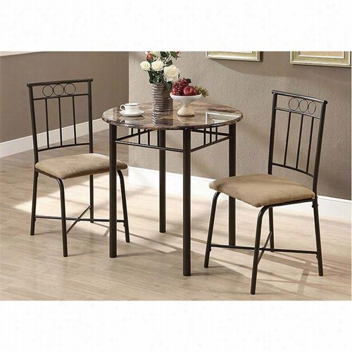 Monarch Specialties I3045 3 Pieces Metal Bistro Sset In Cappuccino Marble/bronze