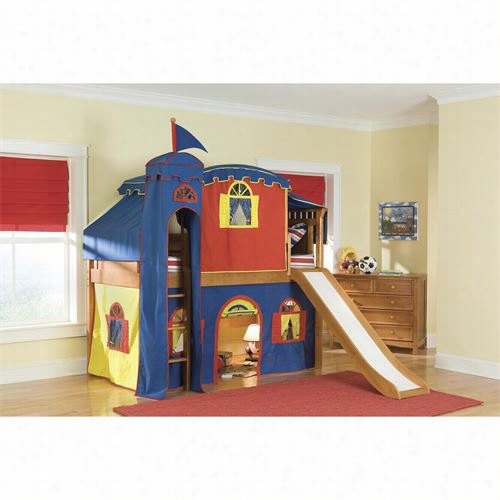 Bolton Furniture 9851y00lt6byy Bennington Twin Low Loft Bed In Honey With Blue/yellow Tower, Top Tent, Bottom Playhouse Curtai Nand Slide