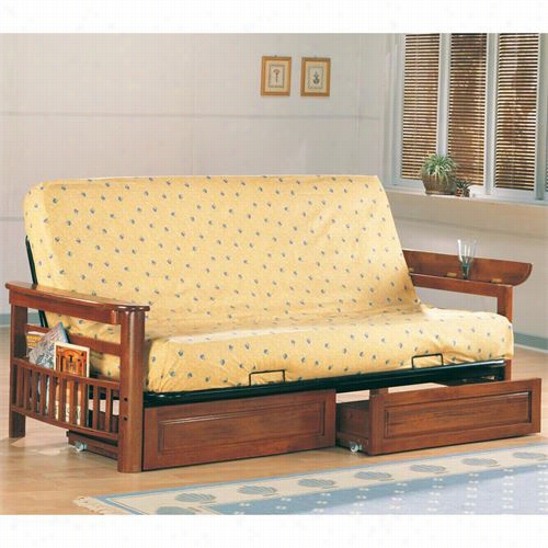 Coasteer Furniture 4076 Casual Futon In Oak With Flip Up Arms And Magazine Racks