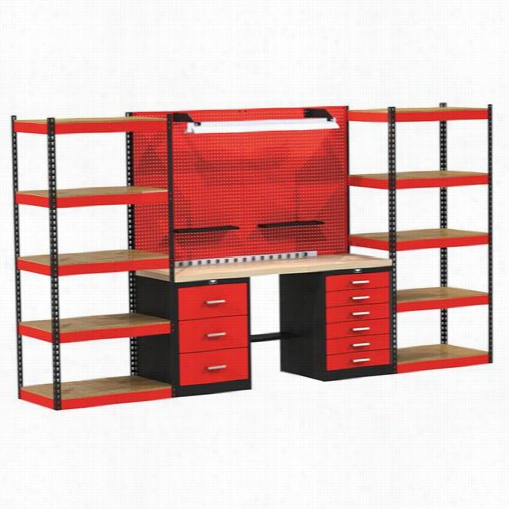 Hallowell Fkopenstor-lg-m 168""w X 24""d X 78""h Fkrt Knox Poen Storage Modular Workbench System In Black/red With Wood Top