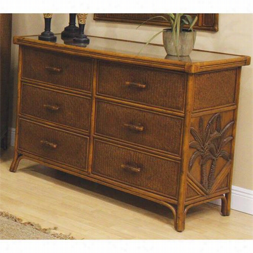 Hospitality Rattan 401-5300-tca Cancun Palm 6 Drawers Dresser In Tc Antique With Glass