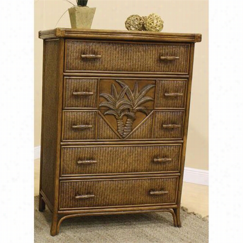 Hospitality Rattan 401-5309-tca Cancun Palm 5 Drawesr Chest In Tc Antique With Glass