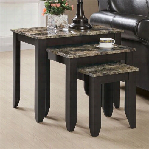 Monarch Specialties I7982n 3 Piece Marble Top Nesting Table Set In Cappuccino