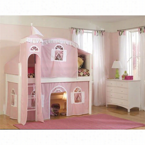 Bolton Funriture 9811500lt5pw Cottage Twwin Low Loft  Bed In White With Pink/white Tower, Top Tent And Bottom Curtaiin