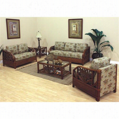 Hospitalit Yrattan 5-pc-set-401-tca-su Cancun Palm  Upholstered Rattan/wicker 5 Pieces Set - Sofa, Loveseat, Lounge Chair, Coffee Table And End Table In Tc Antiq