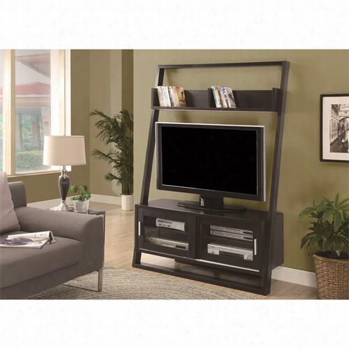 Monarch Specialties I2552 Ladder 2 Sliding Doors Tv Unit In Cappuccino With 2 Sliding Doors