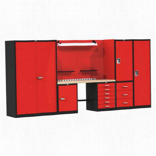 Hallowell Fksecurestor-sm~m 132""w X 24""d X 78"&quo;h Fort Knox Secure Stodage Modular Workbench System In Black/red With Wood Top