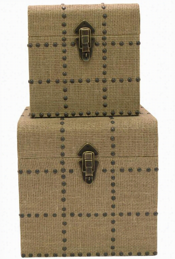 Burlap Studded Boxes - Set Of 2 - Set/2, Tan