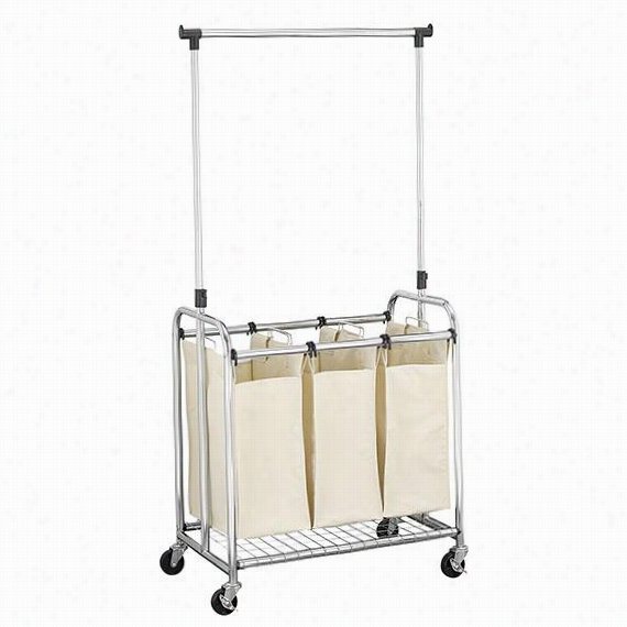 Chrome Triple Laundry Cart With Removable Hanging Bar - 39""hx33""wx19""d, Silver Chrome