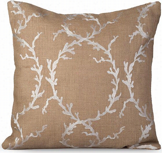 Clara Embroidered Burlap Pillow - 20""hx20""wx5""d, Ivory