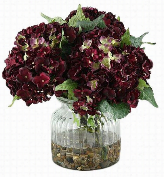 Flowers In Ribbed Galss Vase - 15""diametter, Purple  Hydrangeas