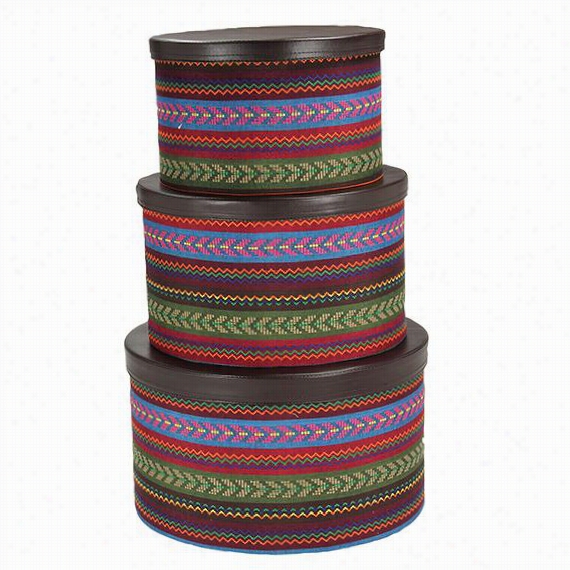 Round Southwest Hat Boxes - Set Of 3 - 9""hx15"&qquot;wx15""d, Southvest Aztec Pttern