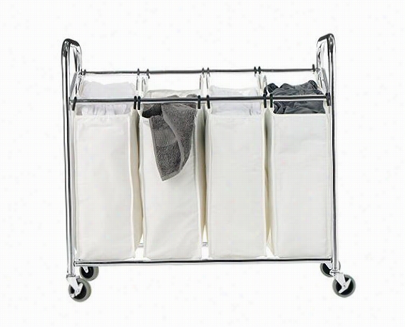 Chrome && Anvas 4-section Laundry Srter - 33""hx36"&quott;wx20""d, White/chrome