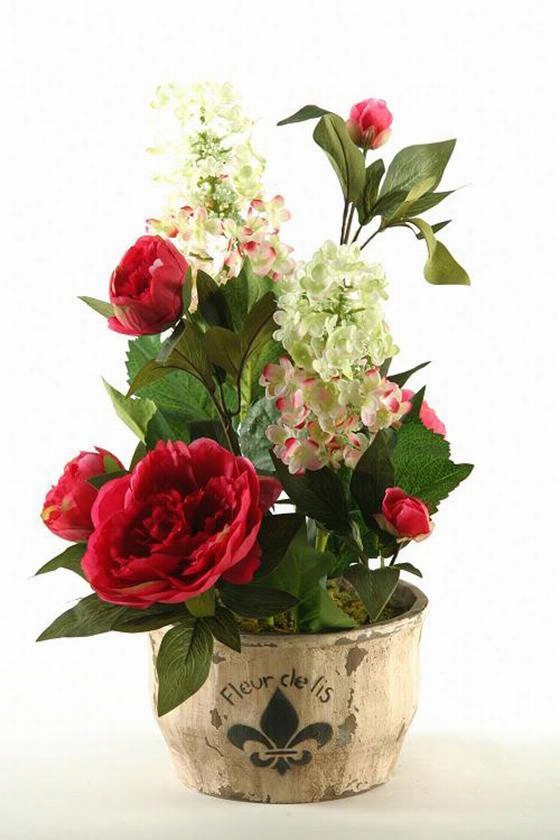 Hdrangeas And Peonies In Fleur De Lis Planter - 21.5""hx16""wx16""d, Ivory