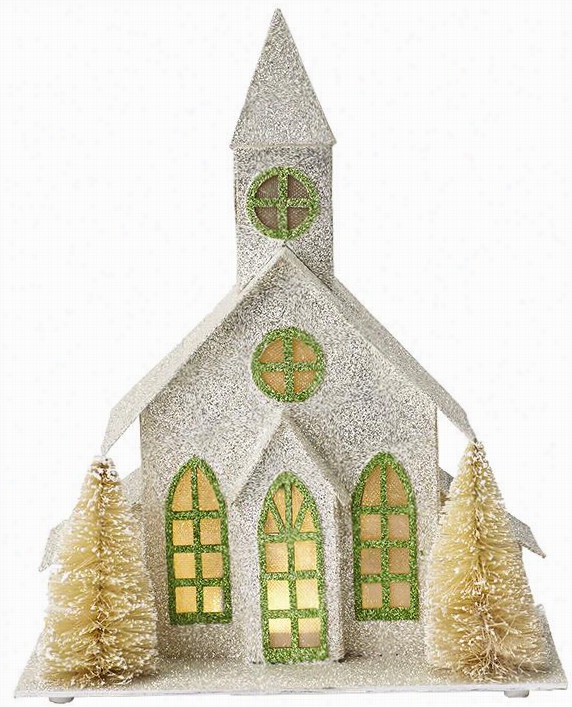 Martha Stewart Living Lighted Church - 12""hx10""wx6.25""d, White Glitter