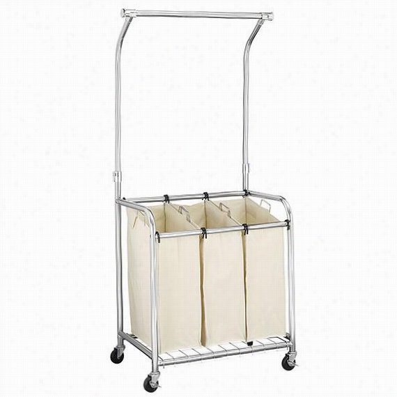 Chrome Triple Laundry Cart Through  Adjustable Hangingbar - 49""hx34"&quotw;x22&quo;t"d, Silver Chrome