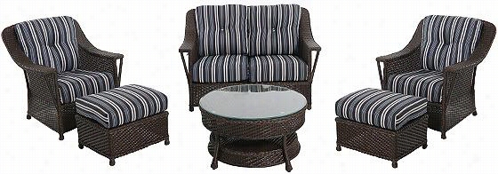 Nantucket 6-piece All-weather Outdoor Patio Seating Set - Six-piece Set, Chocolate Wicker/blue Stripe