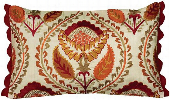 Floral Medallion Pillow Attending Fringe - 12""hx20""w, Red/orange/iory
