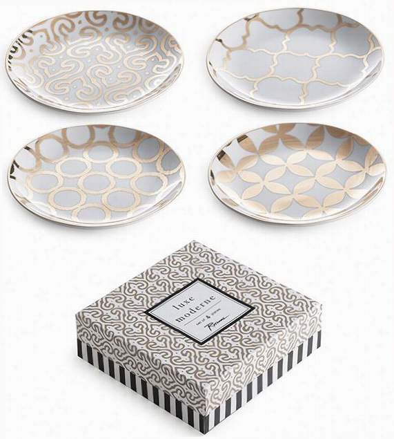 Luxe Moderne Appetizer Plates - Set Of 4 - Set Of 4, Gold/white