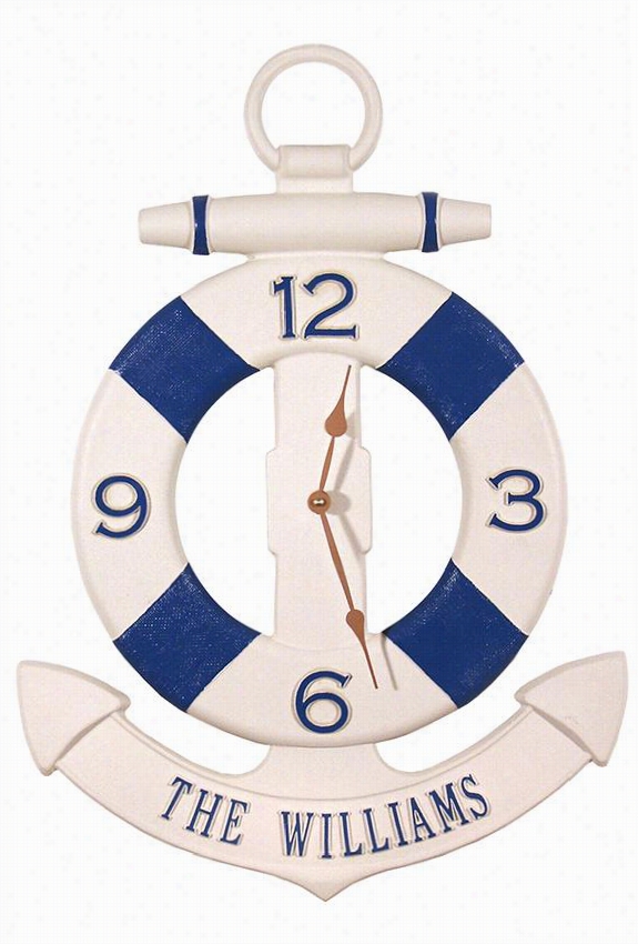 Personalized Anchor Buoy All-wrathe R Outdoor Patio Clock - 24.5quot;";hx17.25""wx1.87""d, Limestone & Blue