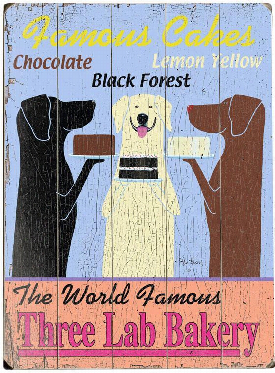 The World Famous Three Lab Bakery Wooden Sign - 20""hx14""w, Blue