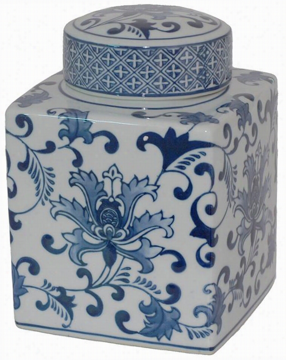 Briton Square Ceramic Jar - 8.25""hx6&quo;t"square, Blue And White