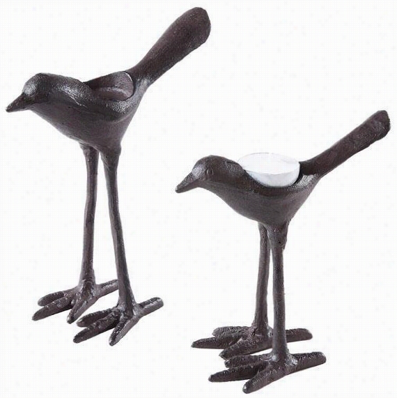 Cast Iron Birdt Ealight Holders - Set Of 2 - 6.5x3.5, Bronze