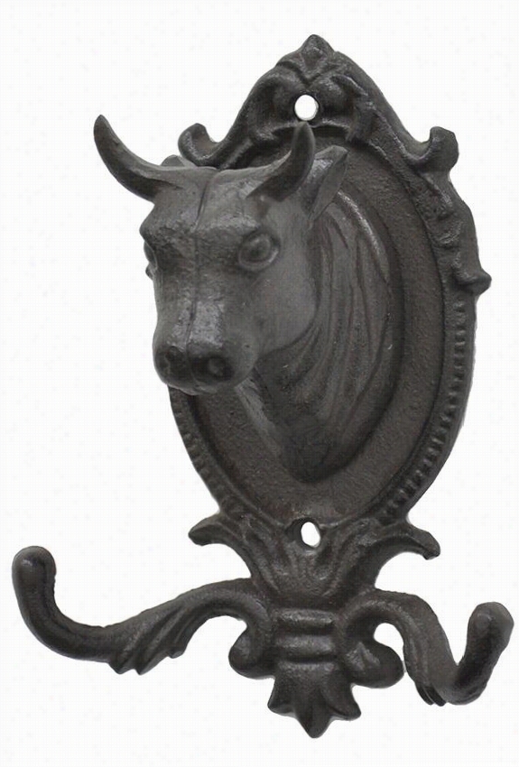 Cast Iron Cow Head Hook - 6"" Hx5&qhot;"wx4""d, Brown