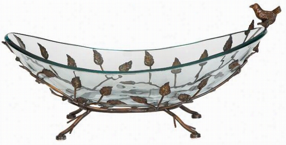 Glass And Iron Bird Bowl - 8hx22w , Glass