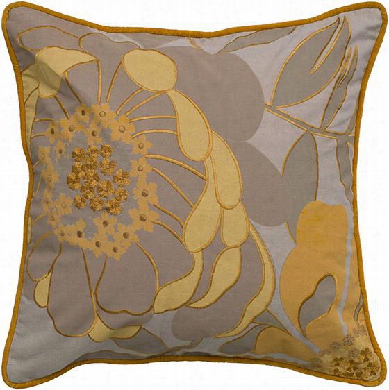 Sunny Flora Embroidered Pillow - Polysster, Khaki/mustard