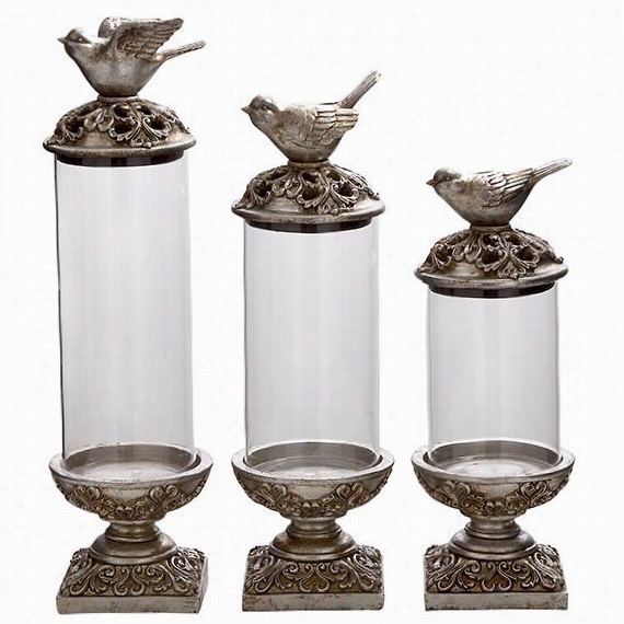 Bird-lidded Glass Jarw - S Et Of 3 - Set Of 3, Antique Silver/clear