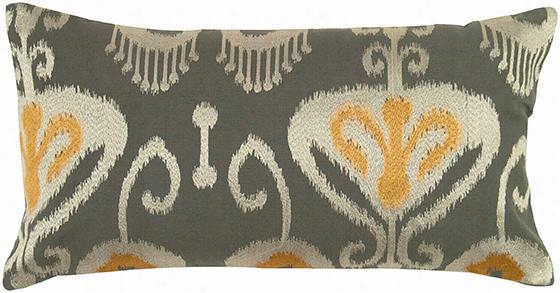 Chennal Embroidered Ikat Pillow - 11""hx21" "wx3""d, Grey/mustard