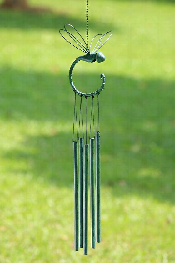 Dragonfly Tube Winc Chime - 34""hx8&quo T;"wx5""d, Green