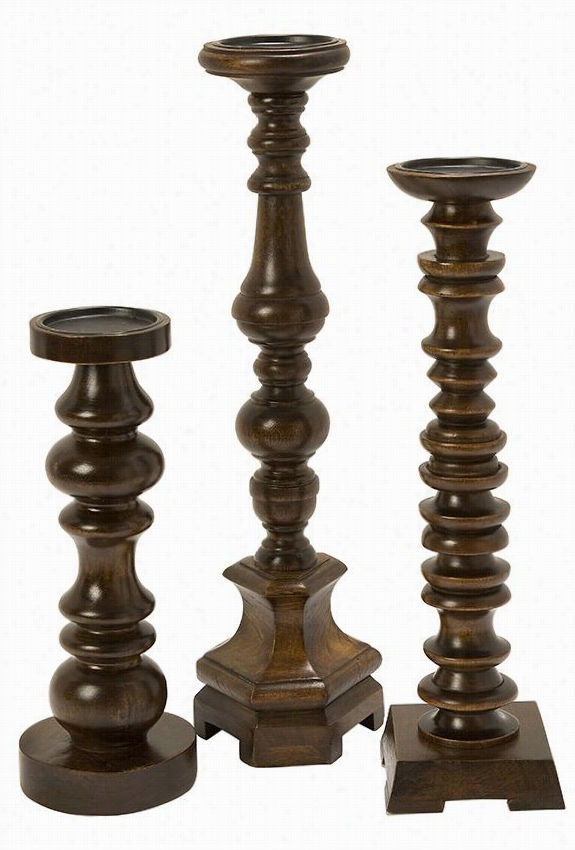 Nilay Candle Holders - Set Of 3 - Set Of Three, Dark Wood