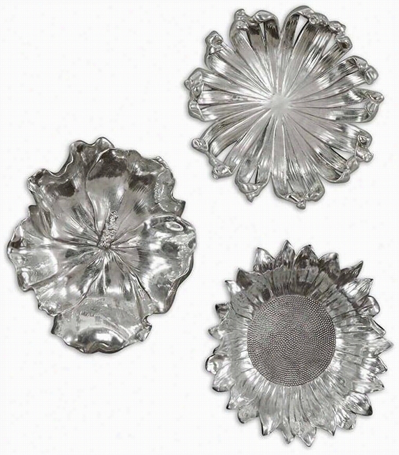 Silver Flower Plaques - Set Of 3 - Set Of 3, Silver