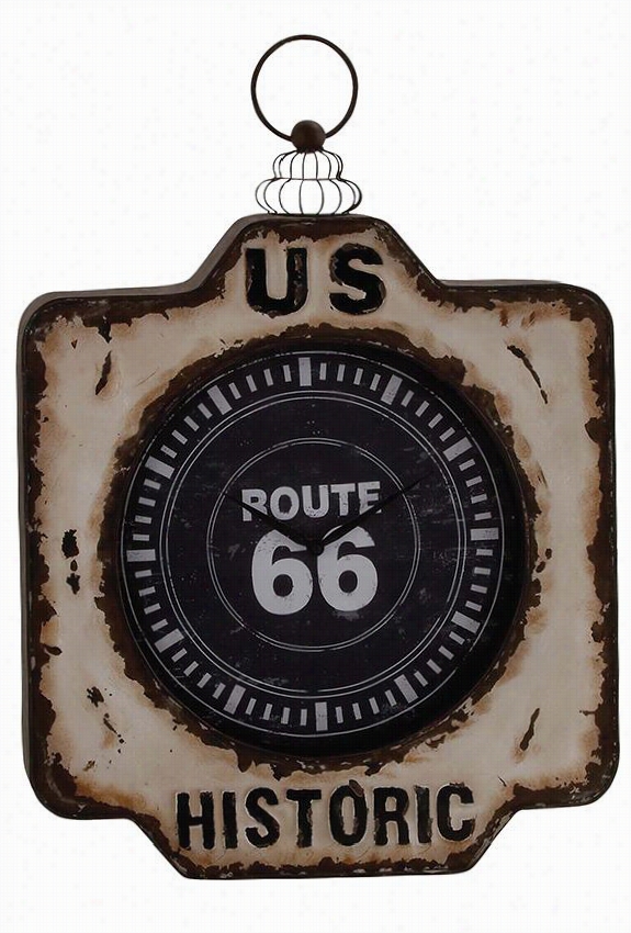 Us Way 66 Metal Wall Clock - 28""""hx20""""wx2""&;quot;"d, Distressed Beige & Black Metal Wall Decor