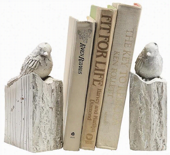 Wgitewashed Bird Bookends - St Of 2 - 7""hx 4"&q Uot;wx2""d, Whitewashed