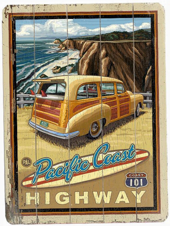 Woody At The Beach Wooden Sign - 20""hx14""w, Beige