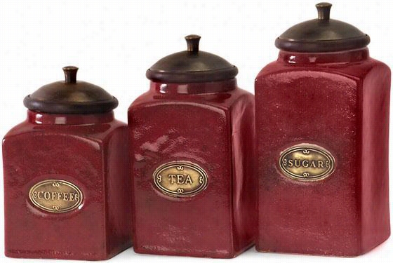 Ceramic Red Canisteers - Set Of  3- Set Of Three, Red