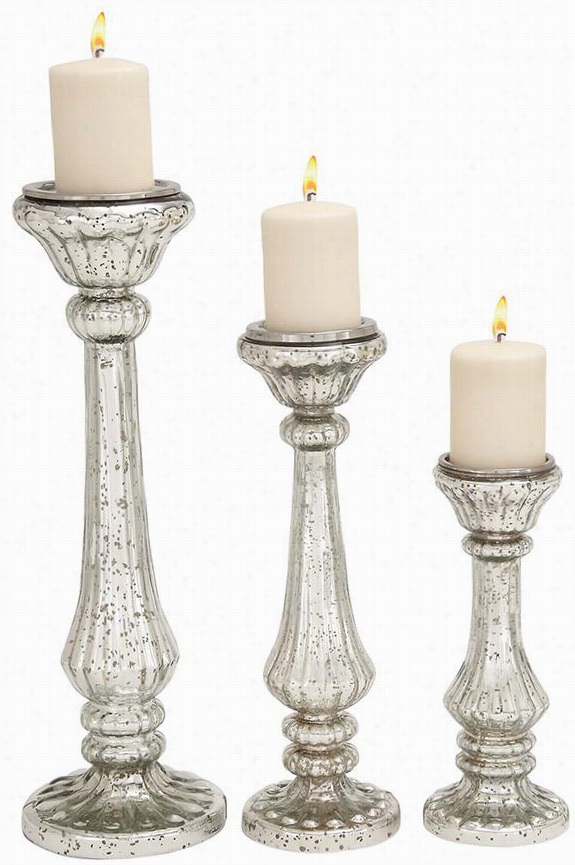 Jasmine Mercury Glass Candle Holders - Set Of 3 - Set Of 3, Mercury Glass