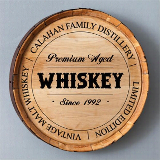 Personalized Distillery Whiskey Barrel Sign - 20&uqot;"diameterx3""d, Brown Wood