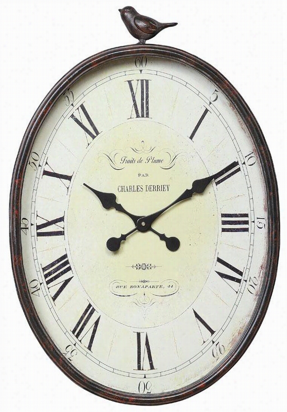 Traits De Plume Wall Clock With Bird - 16.88x3x25.25&quott;", Brrwn