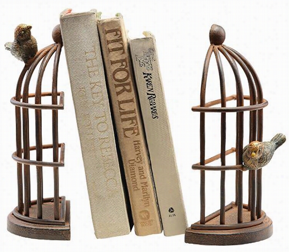 Bird Cage Bookends - Set Of 2 - 9""hx5""wx3""d, Rubbed Iron