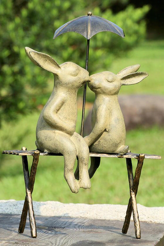 Bunny Lovers On Bench Statuee - 18.5""hx12.5""wx7""d, Green