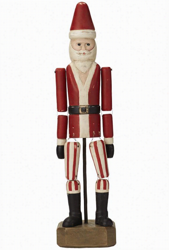 Martha Stewart Living Hand-painted Carved Jointed Wood Santa - 24""hx6""wx6""d, Red
