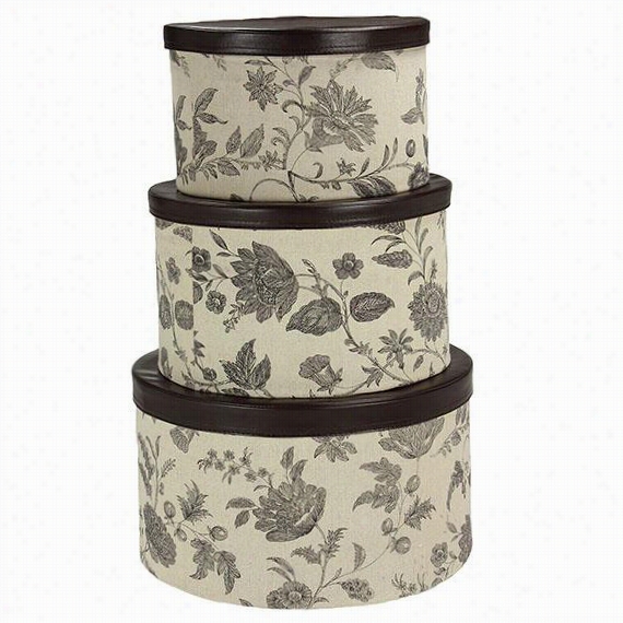 Round Floral Hat Boxes - Set Of 3 - 9""hx1""wx15""d, Floral W/faux Leather Lids