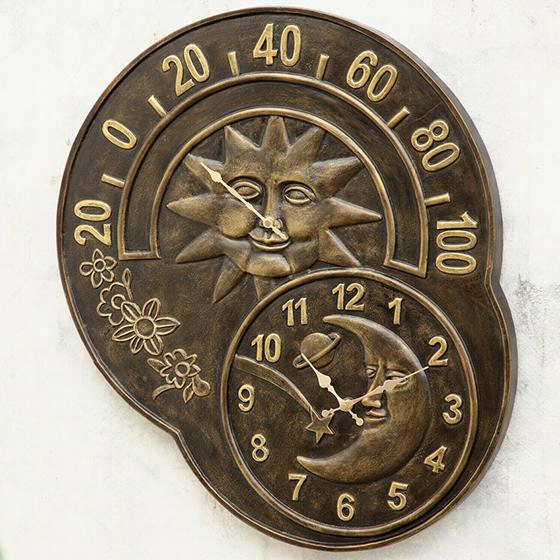 Sun And Moon Wall Clock And Thermom Eter - 24""hx20""wx1.5""d, Bronze