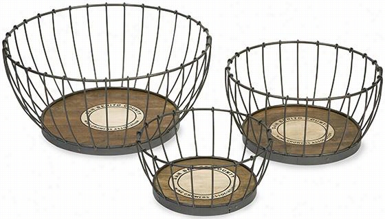 Benito Wood And Metal Baskets - Set Of 3 - Set Of 3, Dark Grrey