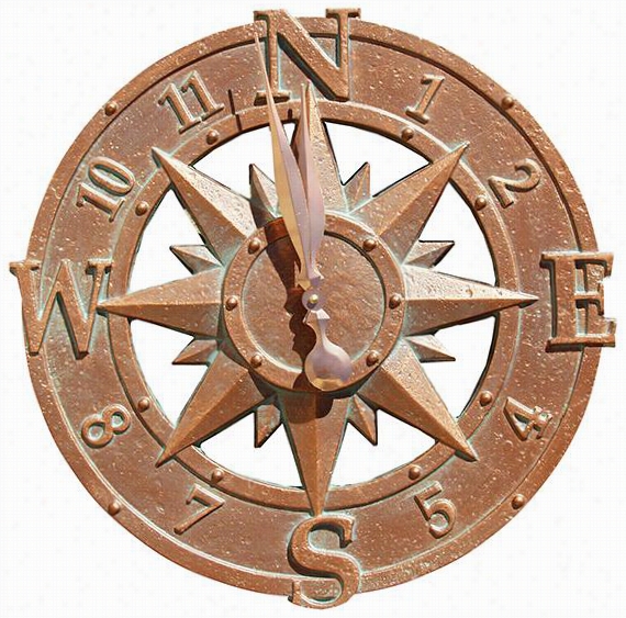 Compass Roee 16""  All-weather Outdoor Patio Clock - 16""hx16""wx1.25&qyot;"d, Weathered Bronze